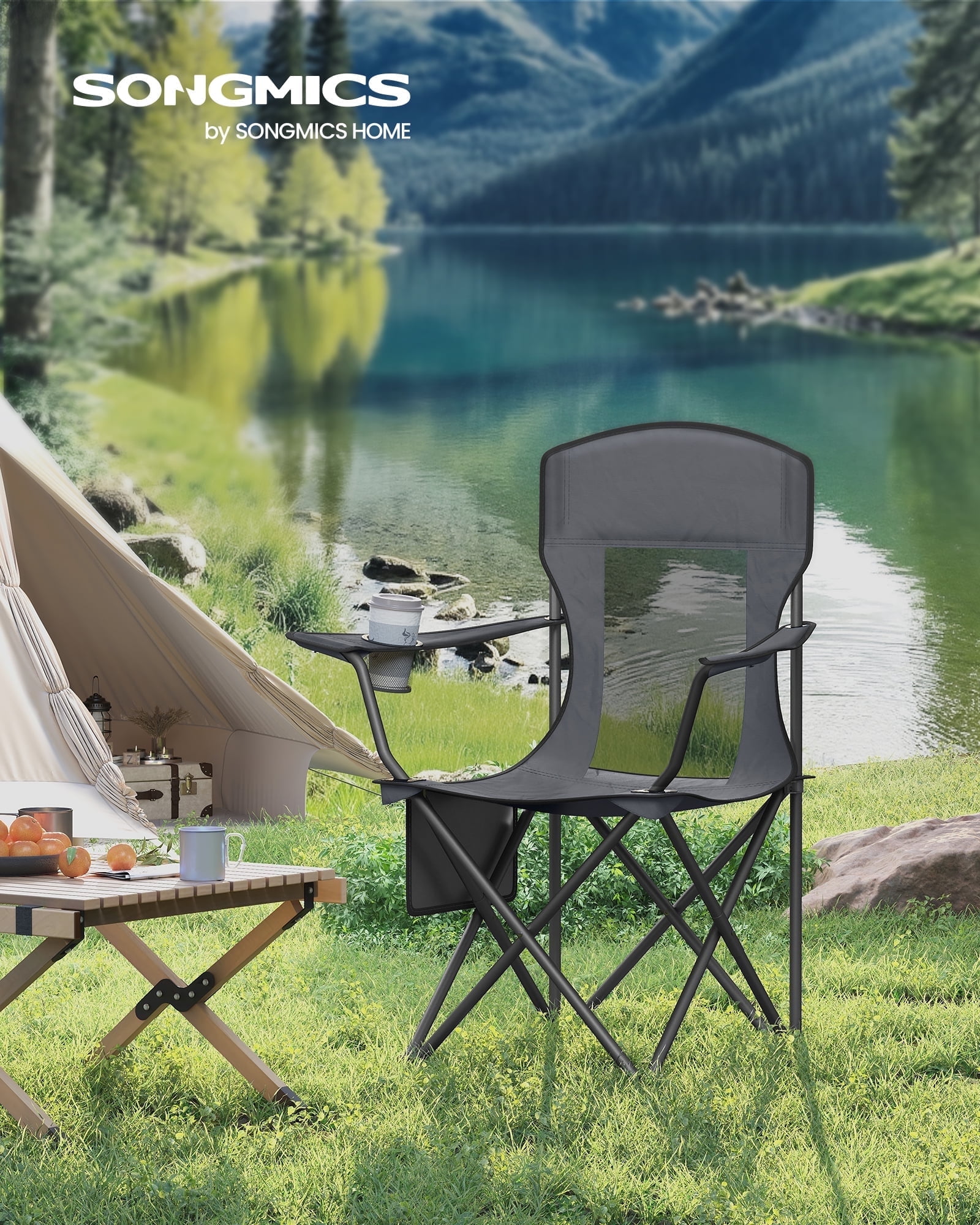 Slate Gray High-Back Steel Frame Foldable Camping Chairs, Set of 2