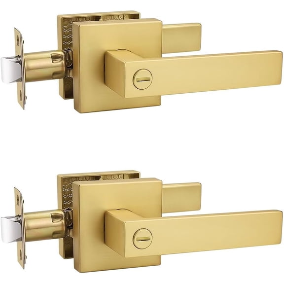2 Pack Heavy Duty Gold Square Privacy Interior Door Levers, Satin Brass Finish, Bedroom and Bathroom Door Handles Keyless Bed/Bath Lockset