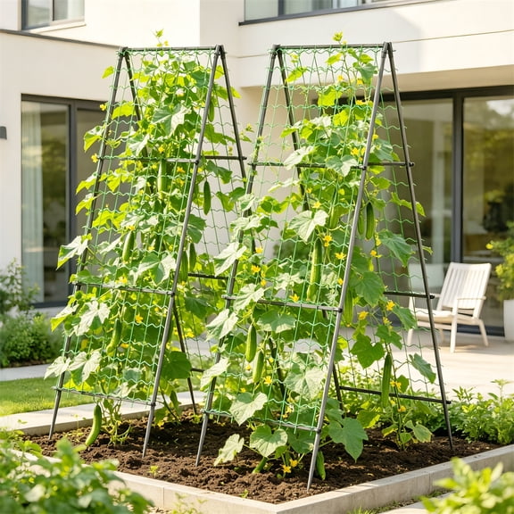 2 Pack Heavy Duty Iron Garden Trellis A-Frame Outdoor Backyard Climbing Plants Vegetables Support Trellis,Nylon Net,Power-Coated Iron