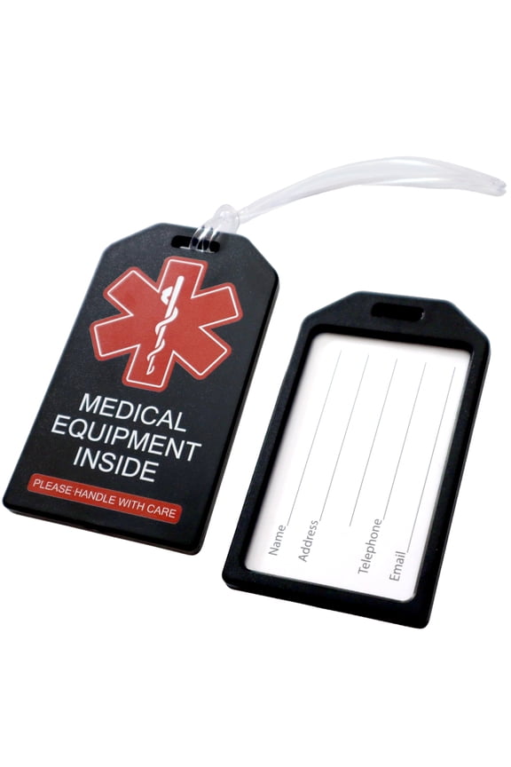 2 Pack - Heavy Duty Medical Equipment Luggage Tags CPAP / BIPAP w/ Plastic Loops - Respiratory Therapy Machine Device Carry On Bag Supplies Identifier Label for Airline Travel by Specialist ID (Black)