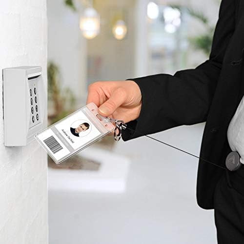 2 Pack Heavy Duty Metal Retractable Badge Holder Reel with Belt Clip Key Ring and Waterproof Vertical Clear ID Card Holder + 2 Extra Carabiner Key Chain Rings, 30 inches Strong Dyneema Pull Cord