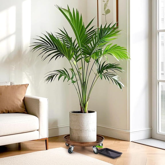 2 Pack Heavy Duty Plant Caddy, 16 Inch Metal Rolling Plant Stand with Lockable Wheels, Drainage Tray, Round Pot Dolly Flower Mover for Indoor, Outdoor, Supports 200 Lbs