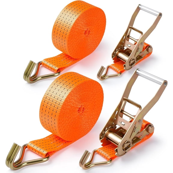 2 Pack Heavy Duty Ratchet Straps - 2 Inch x 20 Feet, 6163Lb Break Strength, J-Hook Cargo Tie-Downs for Trailers, Pickup Trucks & Flatbeds, Ideal for Moving & Transport
