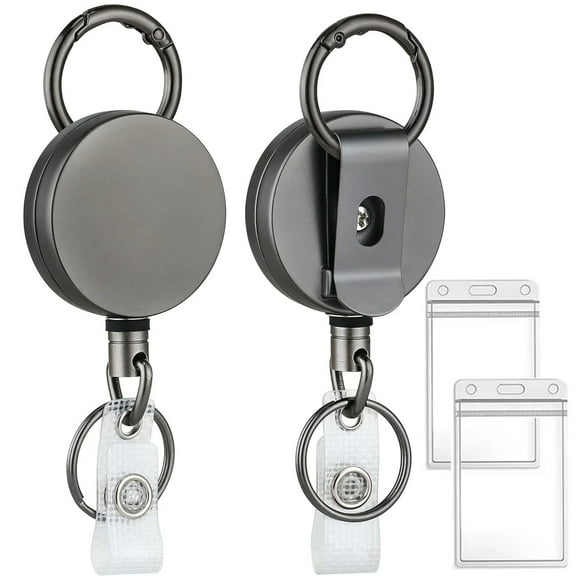 2 Pack Heavy Duty Retractable Badge Holder Reel, Metal ID Badge Holder with Belt Clip Key Ring for Name Card Keychain [All Metal Casing, 27.5" Fiber Cord, Reinforced Id Strap]