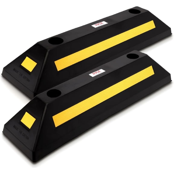 2-Pack Heavy Duty Rubber Wheel Stops for Garage Parking Durable, High-Visibility Tire Blocks for Cars, Trucks, Vans, RVs, Trailers, Forklifts Reflective Safety Strip Included