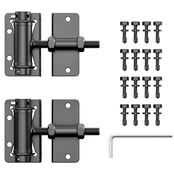 2 Pack Heavy Duty Self Closing Gate Hinges, 90 Degree Adjustable Tension Hinges for Metal Vinyl PVC Wood Fence, Gate Closer Hardware Kit with Screws, Black