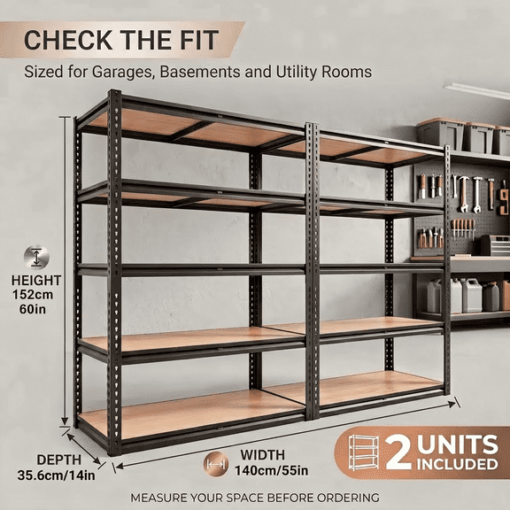 2Pack HeavyDuty Storage Shelves 5Tier Metal Utility Shelving Unit, 2000 Lbs Load Capacity, 60Inch Adjustable Garage Storage Rack, MultiPurpose Shelving for Basement, Pantry, Closet, Warehouse