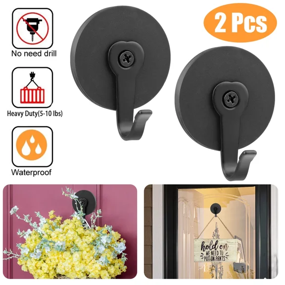 2 Pack Heavy Duty Wall Hooks, Magnetic Wreath Hanger, Round Sturdy Hanging Metal Hooks for Kitchen Bathroom Home Office, Hold up to 10 lb, Black