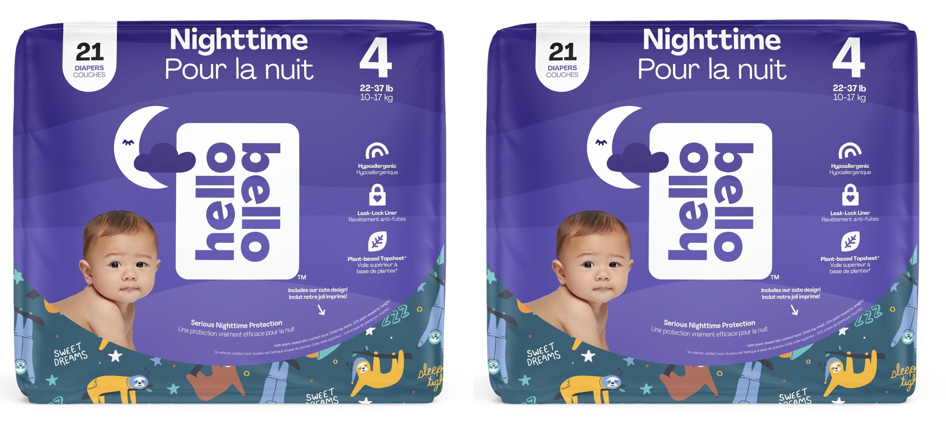 (2 Pack)Hello Bello Premium Gender Neutral Overnight Baby Diapers I Affordable Hypoallergenic and Eco-Friendly Extra Absorbent Diapers for Babies and Kids at Night I Size 4 I Snoozy Sloths I 21 Count