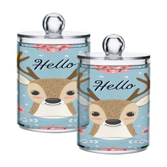 2 Pack Hello Deer Face Qtip Holder Dispenser Clear Plastic Storage Apothecary Jars for Cotton Swabs Balls Pads Floss