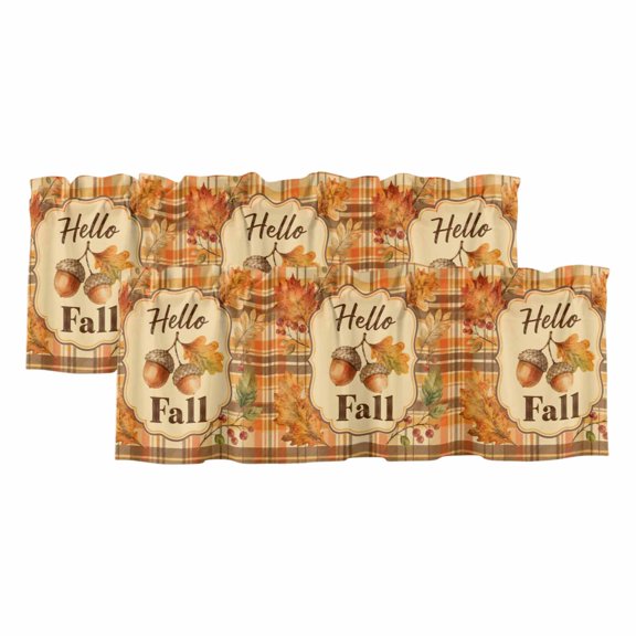 2 Pack Hello Fall Sign Valance for Window Thanksgiving Rustic Acorn Maple Leaf Plaid Tartan Kitchen Valance Rod Pocket Short Curtain Topper Decorative Window Treatment for Living Room Bedroom 42"x18"