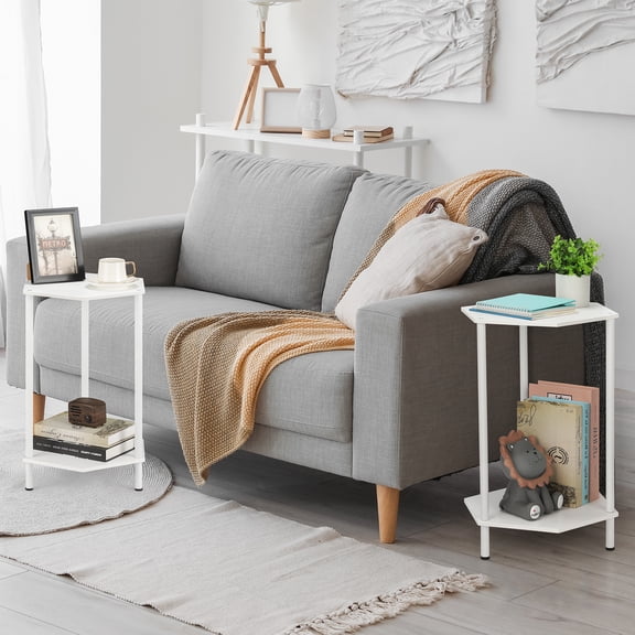 2Pack Hexagon Side Tables, White 2Tier End Tables for Living Room, Bedroom, Small Spaces