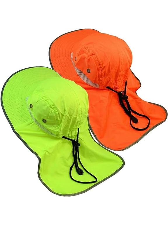 2 Pack Hi-Vis Reflective Work Safety Boonie Snap Hat High Visibility Cap Green & Orange Neck Flap