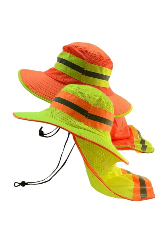 2-Pack Hi-Vis Reflective Work Safety Boonie Wide Brim Hat High Visibility Green & Orange Cap Neck Flap