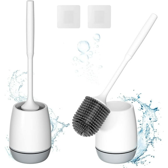 2 Pack CADOVE Toilet Brush with Ventilated Drying Holder, Silicone Toilet Bowl Brush Bathroom Cleaning Bowl Brush Kit Sturdy Cleaning Toilet Brush, Floor Standing Wall Mounted Without Drilling