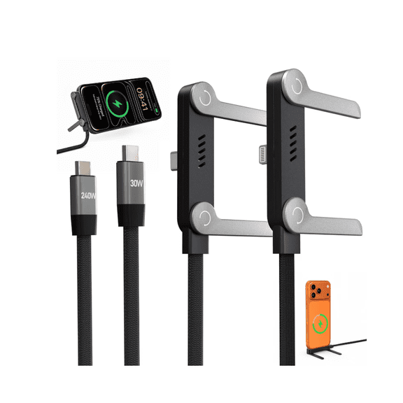 2 Pack Hidden Stand Charger Cable, 240W PD Fast Charging Cable, 2-in-1 USB-C to USB-C & USB to Lightning Cord with 360 Adjustable Metal Stand, Perfect for Gaming, Office and Home Use