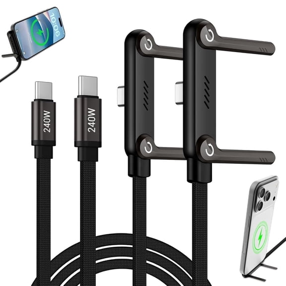 2 Pack Hidden Stand Charging Cable, 240W PD Fast Charging Line with 360 Adjustable Metal Stand, Perfect for Gaming, Office & Home Use