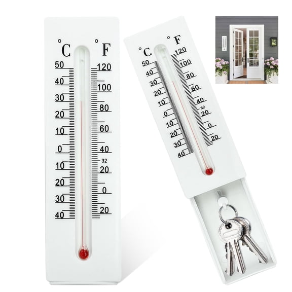2 Pack Hide a Keys, Security Keys Lock Boxes Thermometer Shaped Decorative Key Cabinet for Coins, Money, House Spare Keys Storage Compartment, Walled Mounted Key Secret Safe Outdoor Indoor, White