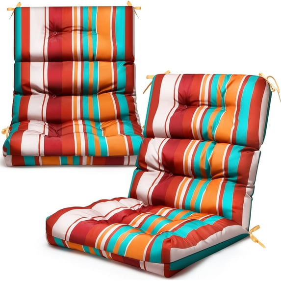 2 Pack High Back Outdoor Chair Cushions Bulk Waterproof Indoor Outdoor Chair Cushion Seat and Back Rocking Chair Cushion Thickened Patio Chair Pad for Indoor and Outdoor (Colorful Strip)