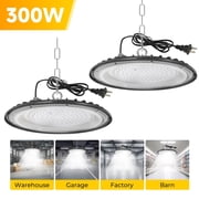 2 Pack High Bay Lights 300W LED Shop UFO Light 6000K IP65 Commercial Bay Lighting Fixture 30000 LM Super Bright, 5ft Cable Plug & Play for Warehouse Factory Garage Workshop Barn