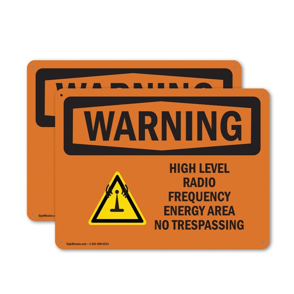 (2 Pack) High Level Radio Frequency Energy With Symbol OSHA Warning Sign 24 Inch X 18 Inch Plastic Sign, Weather Resistant, UV Protected for Workplace, Business, and Construction Site,