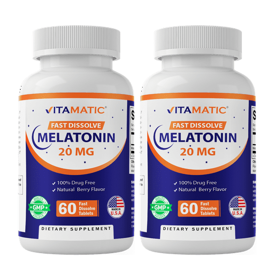 2 Pack High Potency Melatonin 20mg Tablets | Vegetarian, Non-GMO, Gluten Free | 60 Fast Dissolve Tablets | Natural Berry Flavor |