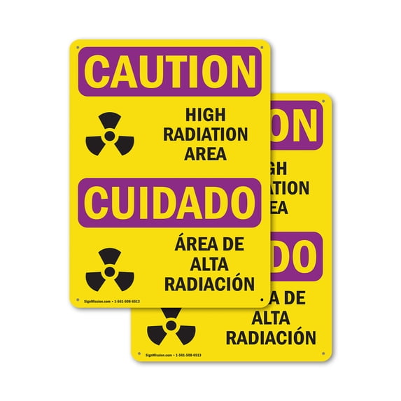 (2 Pack) High Radiation Area Bilingual OSHA Caution Radiation Sign 7 Inch X 10 Inch Indoor / Outdoor Rust-Free Aluminum Metal Signs for Workplace, Workshop, and Construction Site, Made