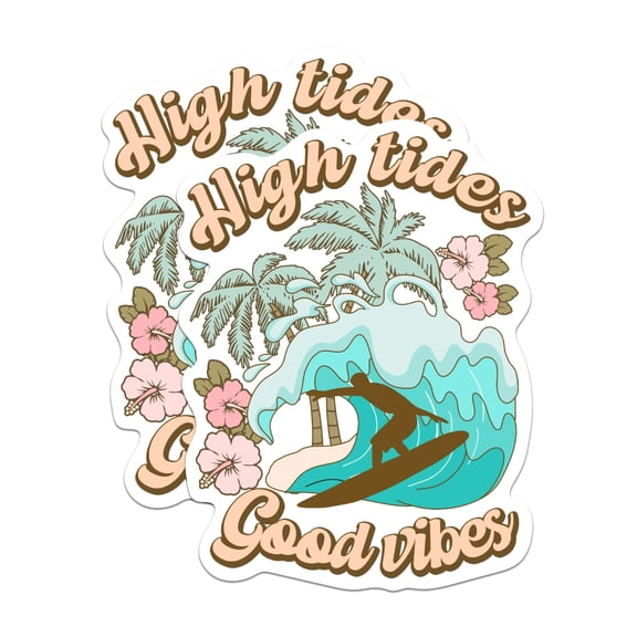 (2 Pack) High Tides Good Vibes Stickers - Surfing Surfer Surf Sticker - Beach Bum Ocean Lover - 5 Inches On Longest Side - Premium Vinyl - for Cars, Skateboards, Laptops - Made in USA - BMCS1176