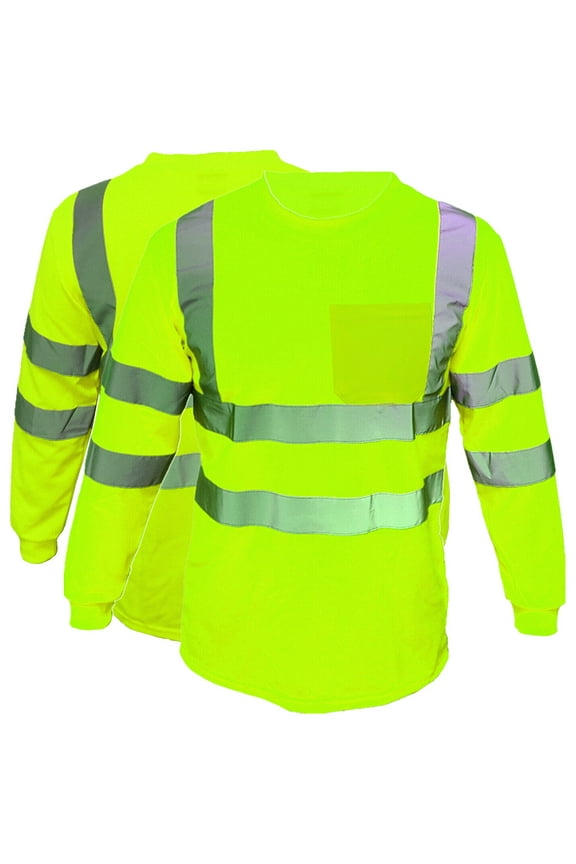 2 Pack-High Visibility Long Sleeve T-Shirt Hi Vis Green Work Safety Reflective Tape Class 3 Size: Large
