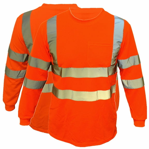 2 Pack-High Visibility Long Sleeve T-Shirt Hi Vis Orange Work Safety Reflective Tape Class 3 Size: Large