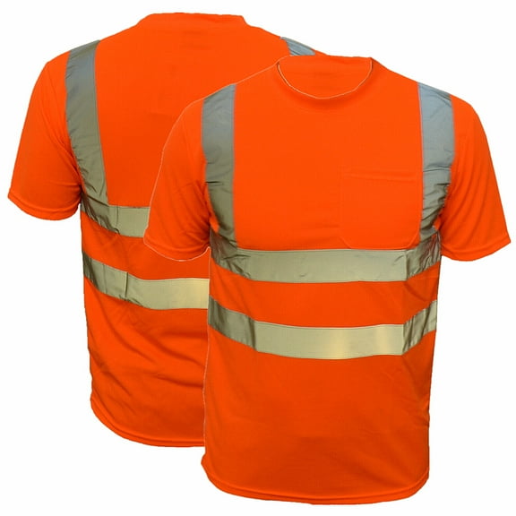 2 Pack-High Visibility Short Sleeve T-Shirt Hi Vis Orange Work Safety Reflective Tape Class 2 Size: Large