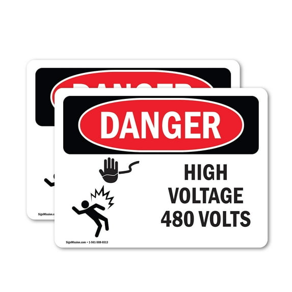 (2 Pack) High Voltage 480 Volts OSHA Danger Sign 7 Inch X 5 Inch Vinyl Label Decal Sticker Weather Resistant, UV Protected for Workplace, Business, and Construction Site, Made in the