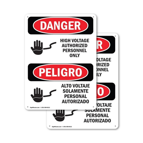 (2 Pack) High Voltage Authorized Personnel Bilingual OSHA Danger Sign 18 Inch X 24 Inch Indoor / Outdoor Rust-Free Aluminum Metal Signs for Workplace, Workshop, and Construction Site,