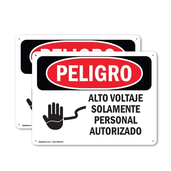 (2 Pack) High Voltage Authorized Personnel Spanish OSHA Danger Sign 24 Inch X 18 Inch Plastic Sign, Weather Resistant, UV Protected for Workplace, Business, and Construction Site, Made