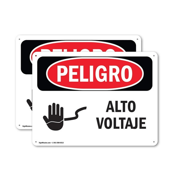 (2 Pack) High Voltage Spanish OSHA Danger Sign 18 Inch X 12 Inch Indoor / Outdoor Rust-Free Aluminum Metal Signs for Workplace, Workshop, and Construction Site, Made in the USA