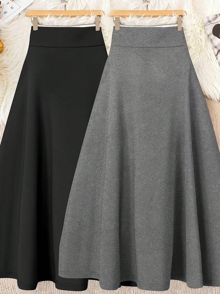 2 Pack High Waist Stretch Flared Midi Skirts In Black + Gray – Flowy A ...