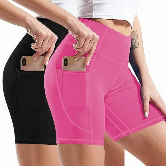 2 Pack High Waist Yoga Shorts for Women's Tummy Control Fitness Athletic Workout Running Shorts with Deep Pockets