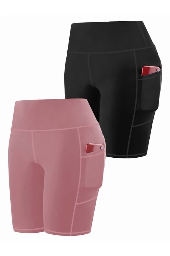 2 Pack High-Waisted Yoga Shorts for Women with Pockets, Tummy Control Fitness Running Shorts, Comfortable & Breathable