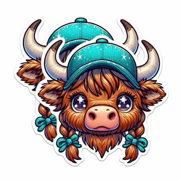 (2 Pack) Highland Cow with Hat Stickers - Retro Cartoon Highland Cowgirl - 5 Inches On Longest Side - Premium Vinyl - for Cars, Trucks, Skateboards, Laptops - Made in USA - BMCS1093