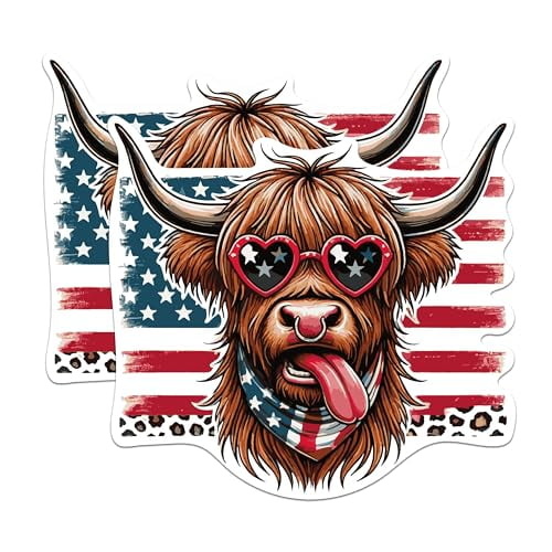 (2 Pack) Highland Cow Magnets - USA Patriotic Cow with Cheetah Print - Boujee Cow - 5 Inches On Longest Side - Premium Magnet - for Cars, Refrigerators, Toolboxes - Made in USA - MAG2103