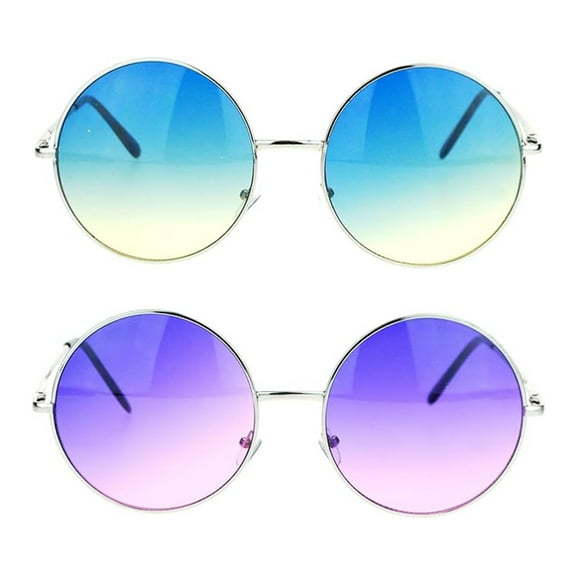 (2-Pack) Hippie Retro Groovy Gradient Oversize Circle Lens Round Metal Rim Sunglasses 1 Blue 1 Purple