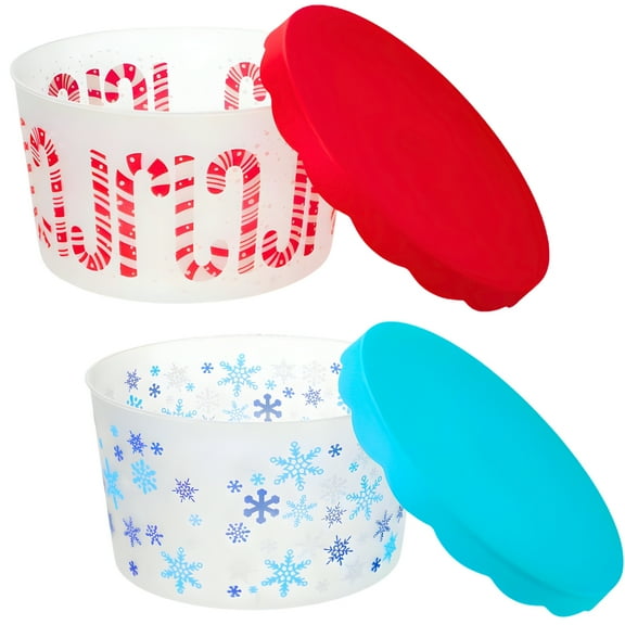 2-Pack Holiday Food Storage Containers With Scallop Lids, 8in. Christmas-Themed Plastic Party Server for Cookies Snacks Leftovers Gifting - Airtight Reusable BPA-Free Storage Bowls Designs May Vary