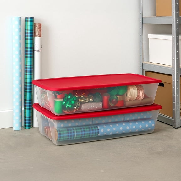 2-Pack Holiday Tote, Clear Plastic Storage Organizer Bins with Lids, 41 Quart, Red - Stackable Organizing Containers for Christmas Ornament Decorations, Gift Wraps, and Crafts