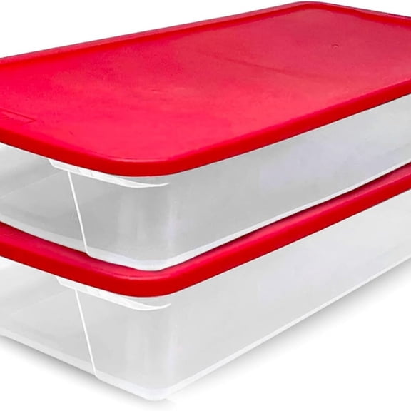 2-Pack Holiday Tote, Clear Plastic Storage Organizer Bins with Lids, 41 Quart, Red - Stackable Organizing Containers for Christmas Ornament Drations, Gift Wraps, and Crafts