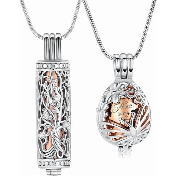 2 Pack Hollow Urn Necklace for Ashes Butterfly / Tree of Life Cremation Jewelry Stainless Steel Memorial Pendant Cremation Jewelry for Women