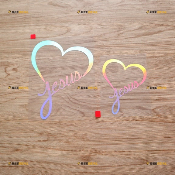 2 Pack Holographic Iridescent, 4 Inches, 6 Inches - Jesus Heart Merged God Christ Sticker Decal Vinyl - No Background Die Cut for Car Boat Laptop Cup