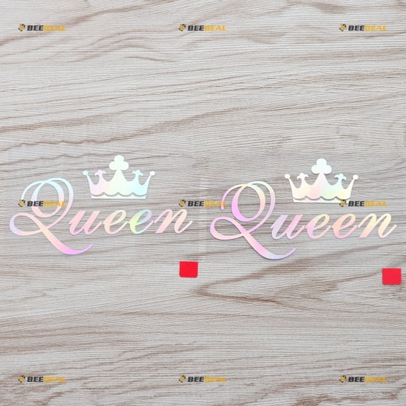2 Pack Holographic Iridescent Color, 4 Inches - Queen Crown Decal Sticker Vinyl - for Car Boat Laptop No Background Die-Cut