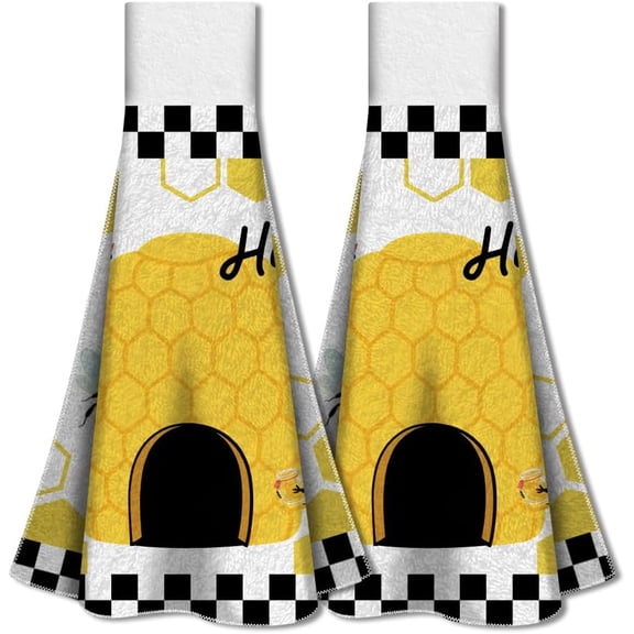2 Pack Honey Bee Happy Kitchen Hanging Towels with Loop Bee Honeycomb Decorative Hand Tie Towel Microfiber Soft Absorbent Hanging Dish Tea Washcloth 12.4x13.5 Inch for Home Indoor Bathroom