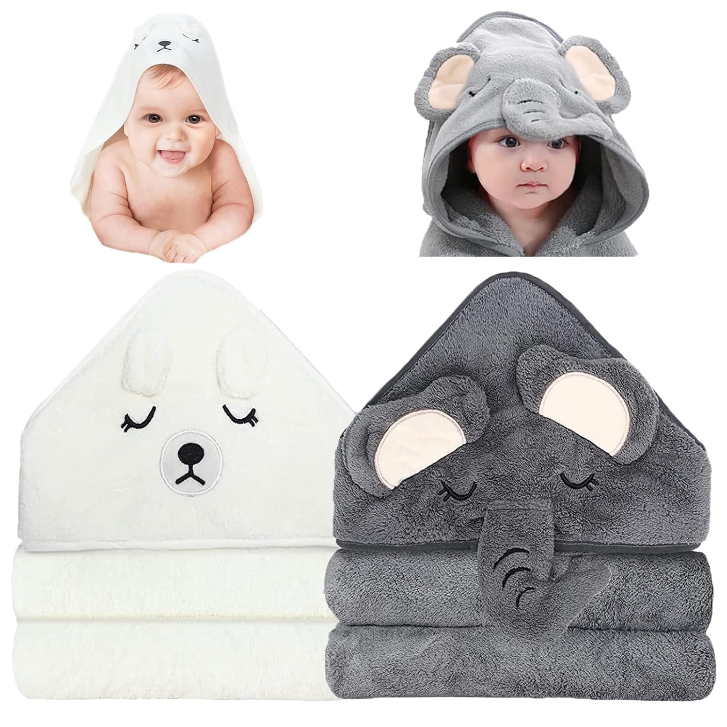 Hooded Baby Towels, 2 Pack Baby Bath Towel, Absorbent and Hypoallergenic Towels for Baby Boy Girl, Toddler, Newborn Essentials (Elephant & Bear) 31.5 x 31.5"