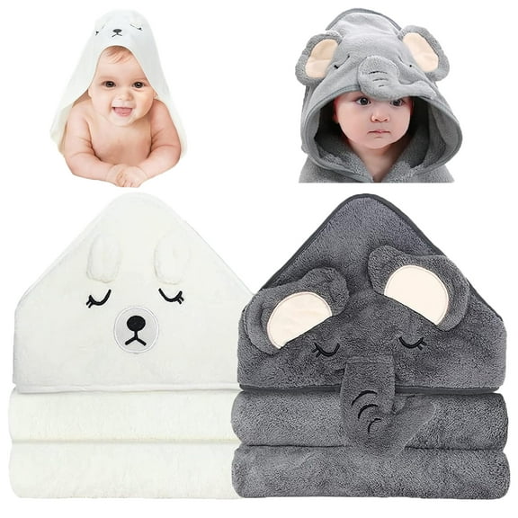 Hooded Baby Towels, 2 Pack Baby Bath Towel, Absorbent and Hypoallergenic Towels for Baby Boy Girl, Toddler, Newborn Essentials (Elephant & Bear) 31.5 x 31.5"